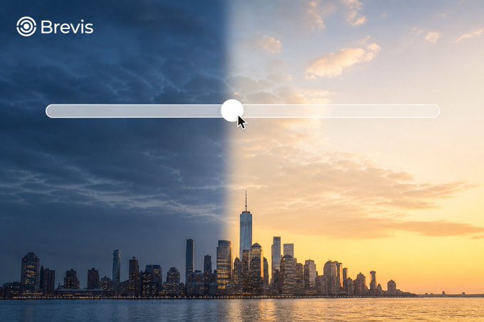 App interface for Brevis displaying a slider control overlaid on a split image showing a daytime and nighttime skyline of a city with One World Trade Center.