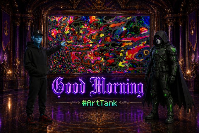 A digital greeting card with the text 'Good Morning #ArtTank' features a blue-skinned figure in a black hoodie pointing at a colorful abstract painting, while a hooded figure in green armor stands on the right.
