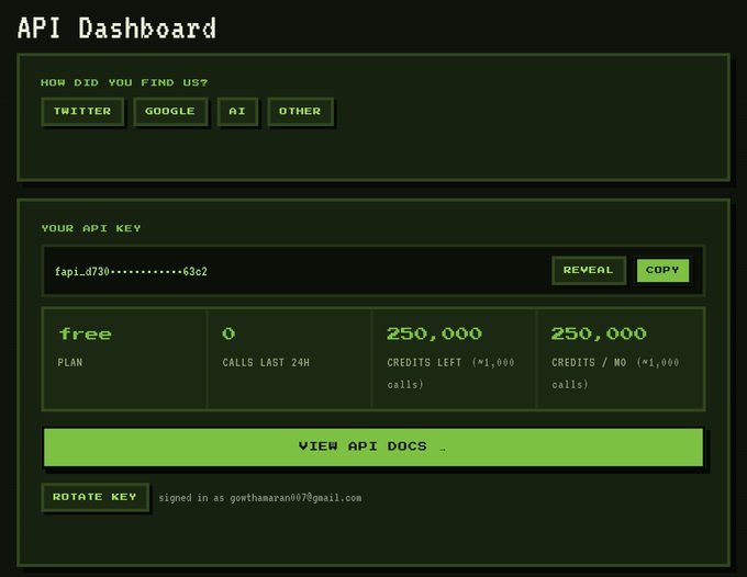 An API Dashboard shows a "free" plan with 0 calls in the last 24 hours, 250,000 credits left and 250,000 credits without monthly reset, along with options to reveal and copy an API key (fapi_d730...63c2) for automating FOMO wallet research. The user is signed in as goethaaron0i78@gmail.com, and the dashboard highlights how to access the free tier mentioned in the post.