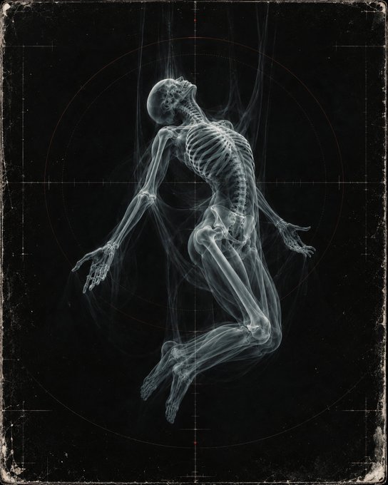 An X-ray-style artwork depicts a human skeleton and translucent body suspended in a contorted, ascending pose against a black background with circular and crosshair graphics. The post promotes the NFT “𝕿𝖔𝖔𝖉 𝕸𝖔𝖗𝖓𝖎𝖓𝖌” (“Aerial Silk Ascension”) 1/1 by @TransientLabs, listed at a start of 0.12 ETH and a buy-now price of 0.2 ETH.