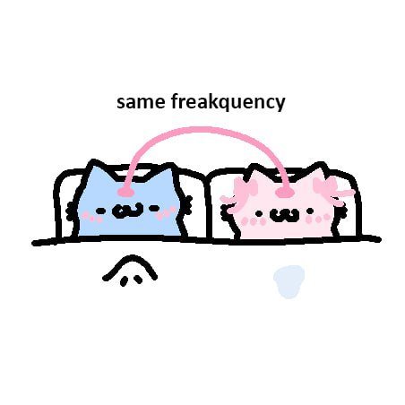 A cute illustration of two characters sleeping in adjacent beds, connected by a pink arrow labeled "same freakquency," with a happy face and a drool drop drawn beneath them to represent dreams.