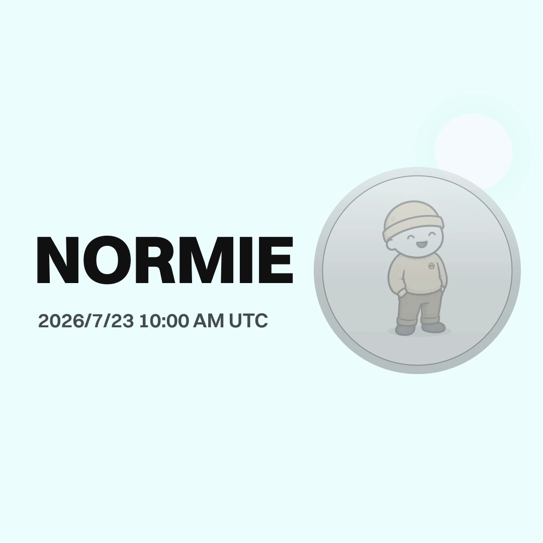The image is a promotional graphic for the NORMIE token listing, featuring a light green background with the text "NORMIE" and "2026/7/23 10:00 AM UTC" alongside a cartoon character wearing a beanie, aligning with the announcement of NORMIE's trading availability on BitMart starting July 23, 2026 at 10:00 AM UTC.