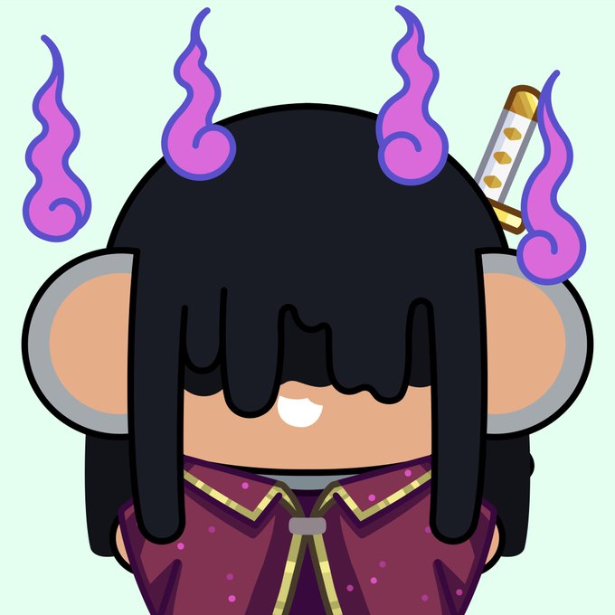 A chibi-style cartoon character with black hair, large rounded ears, a toothy grin, and a sword on their head, surrounded by purple flame-like auras, wearing a dark purple robe with gold trim. The image reflects the "Chimpers" NFT collection theme, depicting a stylized chimpanzee-like character that aligns with the whimsical, ape-inspired branding of the project.