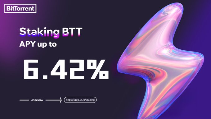 A BitTorrent promotional graphic advertises staking BTT with an APY up to 6.42%, directing users to join at https://app.bt.io/staking. The accompanying post aligns with this, highlighting the same staking opportunity and yield for the BTT token on the BitTorrent Chain.