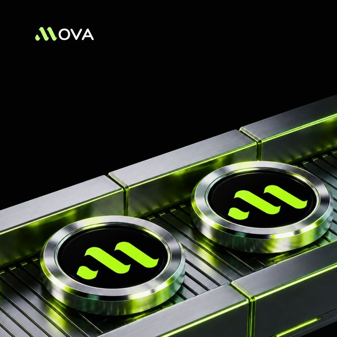 A dark promotional graphic for 'NOVA' featuring two metallic coins with green 'N' logos sitting in an illuminated industrial slot or tray design.