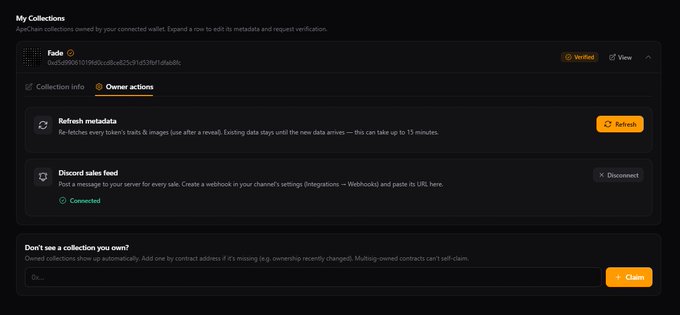 A 'My Collections' page on an ApeChain dashboard showing the 'Fade' collection as Verified, with options to Refresh metadata, manage the Discord sales feed, and Claim ownership.
