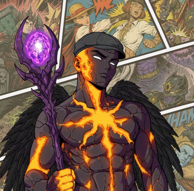 A comic book-style illustration of a muscular figure made of dark rock and glowing orange magma, wearing a black cap and feathered shoulders, holding a purple staff topped with a glowing orb, with comic panels visible in the background.
