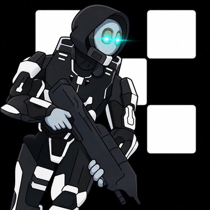 A hooded futuristic soldier with glowing cyan eyes stands in combat-ready stance holding a rifle, set against a dark background with white squares. The image's tactical, high-precision warrior aesthetic visually reinforces the post's message about sharing disciplined, high-reward (1:3+ R/R) trading strategies on OKX by October 7th.