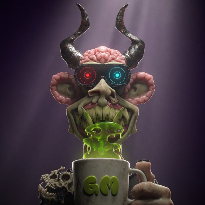The image features an animated cartoon character with horns, wearing glasses and holding a cup of coffee. The character appears to be drinking from the cup while standing against a purple background. The caption below the image reads "GM and Happy Sunday Touch grail and don' forget to walk the Doggo, sometimes life can be challenging when you're holding a certified grail". This message seems to be related to the cartoon character's situation in the image, as they are depicted with horns and glasses while drinking coffee.