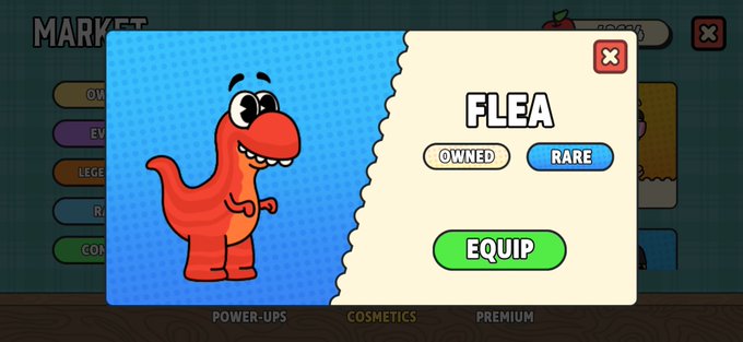 A character customization screen showing a red dinosaur wearing a flea costume, marked as "RARE" and "OWNED" with an "EQUIP" button, in a game market.