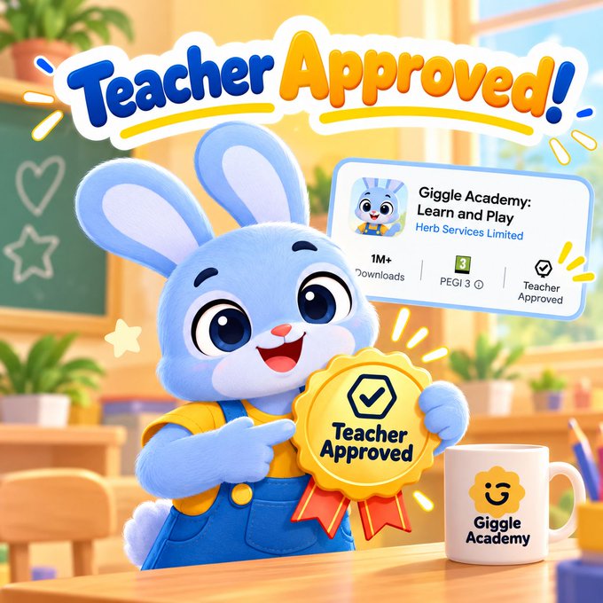 A colorful advertisement for 'Giggle Academy: Learn and Play' app by Herb Services Limited, featuring a blue cartoon bunny holding a 'Teacher Approved' badge, with 1M+ downloads and PEGI 3 rating.