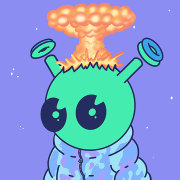 A green alien-like cartoon character with a mushroom cloud explosion on its head is depicted against a purple starry background, fitting the quirky NFT character theme of Quirkie #3355 just sold for 1.69 ETH ($3,254) on OpenSea.