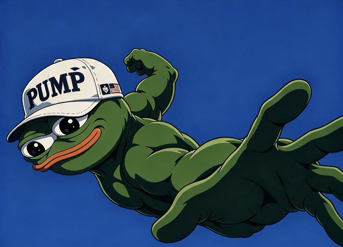 A cartoon illustration of a muscular Pepe the Frog character wearing a white cap labeled 'PUMP' with a small American flag, flying with outstretched arms against a blue background.