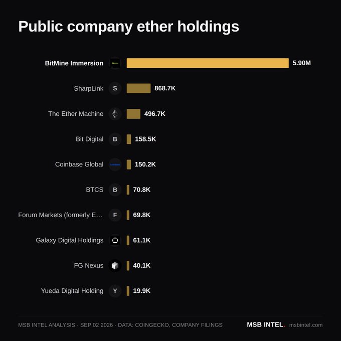 A horizontal bar chart titled "Public company ether holdings" ranks 10 companies by ETH holdings, with BitMine Immersion leading at 5.90M ETH (~$75% of the corporate total), followed by SharpLink at 868.7K and The Ether Machine at 496.7K, down to Yueda Digital Holding at 19.9K, based on MSB Intel analysis using CoinGecko and company filing data from September 2, 2026.
