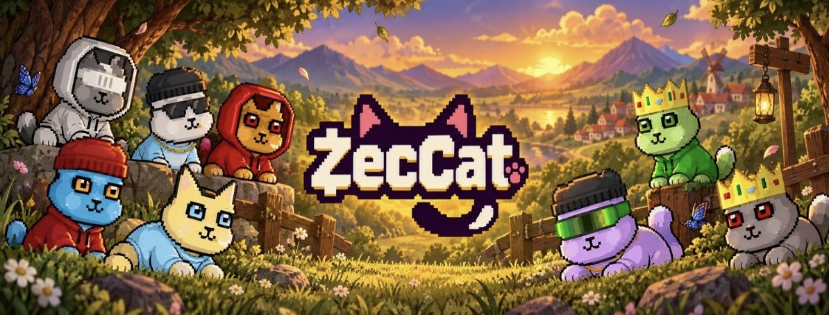 Promotional pixel-art banner for the 'ZecCat' project, featuring a group of colorful cats in clothing with the ZecCat logo against a sunset landscape.
