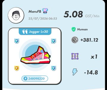 A user profile for MaruFB dated 25/07/2026 showing 5.08 GST/Min, featuring a colorful jogging shoe NFT (Jogger Lv30) with +381.12 GST earnings and -14.8 energy used.