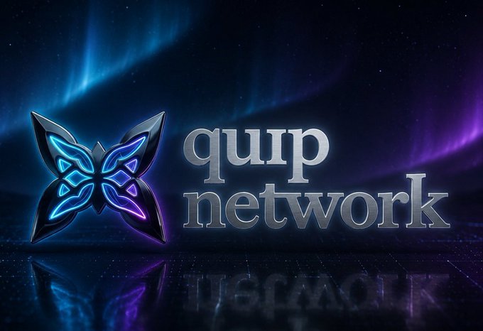 A digital graphic displaying the 'quip network' name in silver text alongside a glowing blue and purple butterfly-shaped logo set against a cosmic background with northern lights.