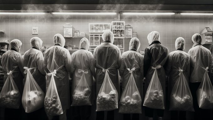 A black-and-white image showing a row of figures in white protective garments and hairnets facing away, each carrying a clear bag filled with round objects on their backs.