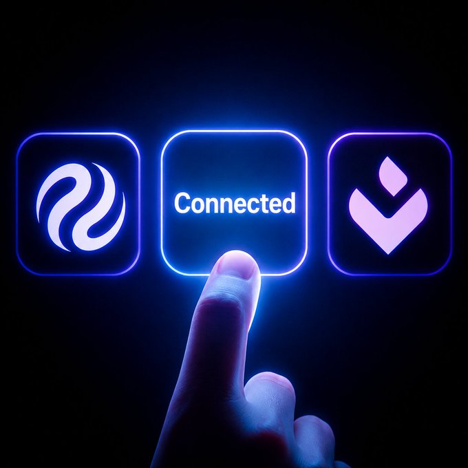 A digital illustration of a finger pressing a glowing button labeled 'Connected' between two other illuminated icons, one featuring a wave-like logo and the other a purple checkmark or chevron design.