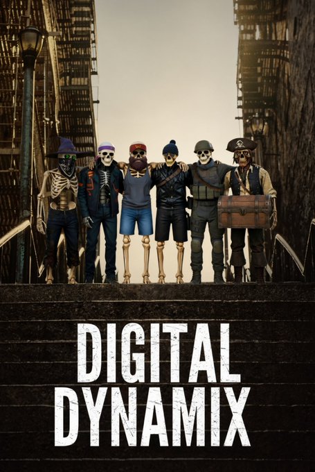 A poster titled 'DIGITAL DYNAMIX' features six characters dressed in various pirate and skeleton costumes standing on stone steps between urban stairwells.