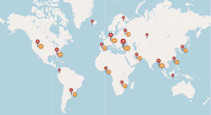 A world map displaying various location pins with numbers indicating distribution or data points across different regions globally.