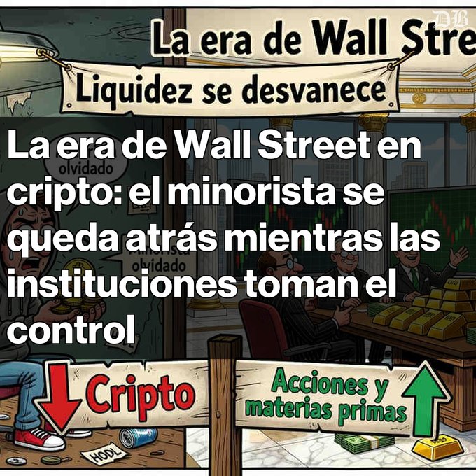 Spanish-language infographic titled 'La era de Wall Street en cripto: el minorista se queda atrás mientras las instituciones toman el control', showing crypto declining while stocks and commodities rise.