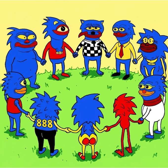 A cartoon illustration of various blue and red furry mascot characters holding hands in a circle on green grass with a yellow background.