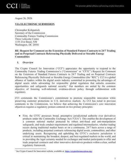The first page of an August 26, 2026 letter from the Crypto Council for Innovation (CCI) to CFTC Secretary Christopher Kirkpatrick regarding comments on perpetual contracts and 24/7 trading.