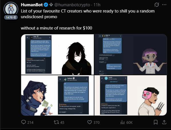 The image is a tweet from @humanbotcrypto showing a four-panel collage of conversations with crypto KOLs (including Vee and Gabita) who allegedly accepted undisclosed paid promotions for as little as $80-$100 without research, which the accompanying post references as evidence of Human Bot exposing "shilling" influencers for small payouts.