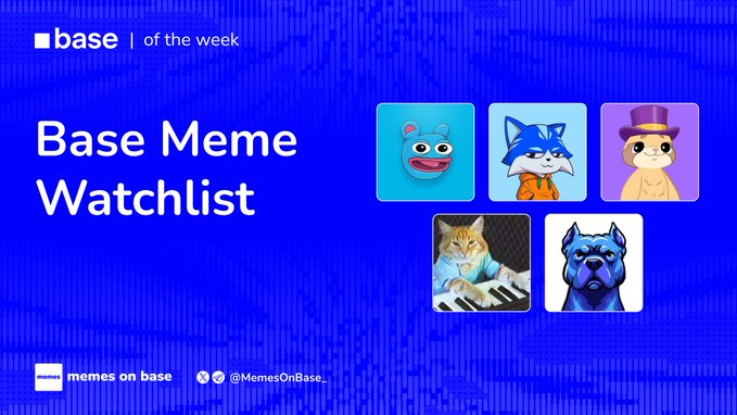 A blue promotional graphic titled "Base Meme Watchlist" featuring five meme coin images: a blue Pepe-style frog, a blue cat (BRETT), a cat in a top hat (TOSHI), an orange tabby playing piano (DEGEN), and a pitbull dog, with the "memes on base" branding and @MemesOnBase_ handle at the bottom.