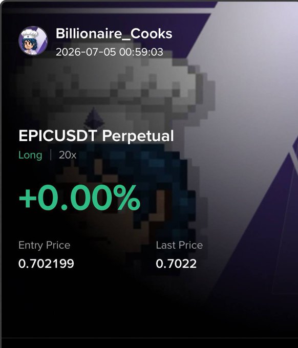 A trading screenshot from user 'Billionaire_Cooks' showing an EPICUSDT Perpetual Long position at 20x leverage with +0.00% change, entry price 0.702199 and last price 0.7022.