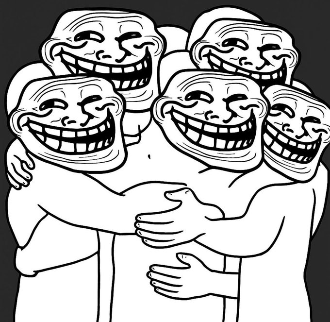 A black-and-white 'Trollface' cartoon meme showing multiple grinning faces huddled together in a group hug.