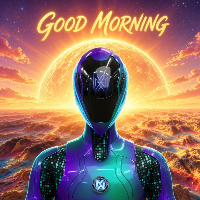 A futuristic sci-fi illustration of a purple and blue robot with a dark visor, set against a sunrise on a planet, with "GOOD MORNING" text glowing at the top.