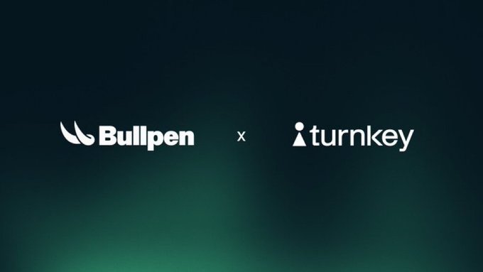 The image displays the logos of "Bullpen" and "turnkey" separated by an "x" on a dark gradient background, visually representing the partnership mentioned in the post about BullpenFi using Turnkey's secure enclave technology to protect users' private keys when importing wallets.