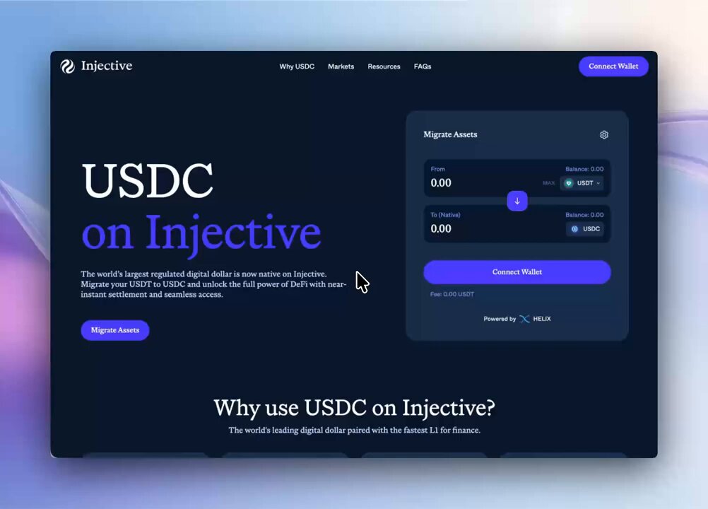 The image shows a website called "injective" with a black background and white text. It features a page about migrating between USDC currency and native currencies, specifically focusing on USDCb or Peggy USDT. The main content of this page explains that you can migrate from one type of currency to the other by using Injective's native currency migration tool. However, there are fees associated with the migration process, so it is advised to weigh the potential benefits against these costs before migrating your assets.