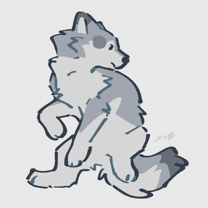 A stylized blue-gray illustration depicts a seated wolf or husky-like canine looking over its shoulder, rendered in loose, sketchy linework with a small artist signature in the lower right. The minimalist drawing pairs with the caption "539 #wolfarium," suggesting it's part of an ongoing themed series featuring wolf-inspired artwork.