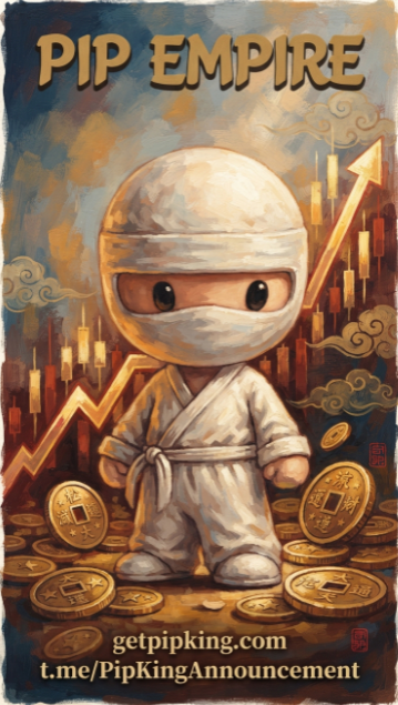 An illustration for 'PIP EMPIRE' featuring a cartoon ninja character in white robes standing among gold coins with a rising chart in the background, with the URLs getpipking.com and t.me/PipKingAnnouncement.