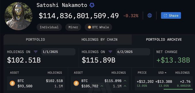 A portfolio tracker screenshot for 'Satoshi Nakamoto' showing holdings of approximately $114.8 billion, with 1.1M BTC valued at $102.51B on 1/1/2025 and $115.89B on 6/2/2025.