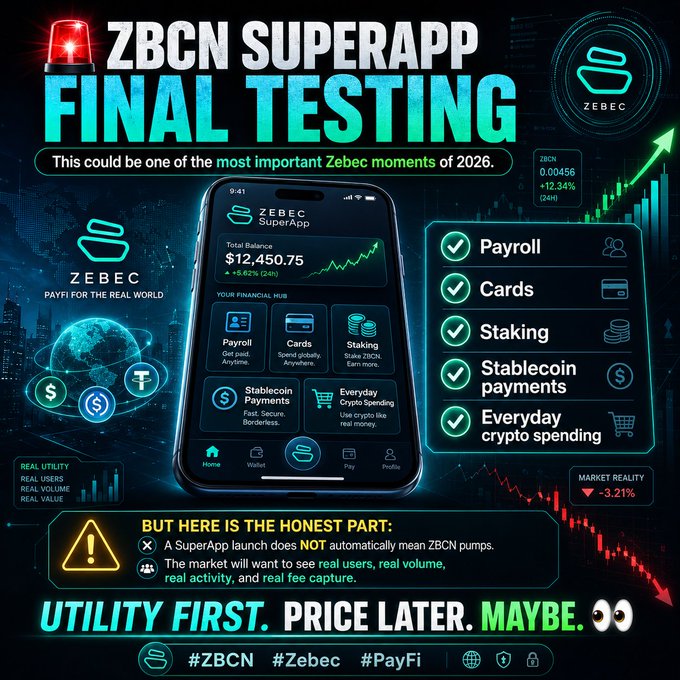 The image shows a phone screen with several icons, including one that says "ZBCN", another that says "SuperApp", and three more that are not entirely visible. The image also has some text written below it which reads "This could be one of the most important Zebec moments of 2006. Why? Because SuperApp turns the story into something normal users can understand: Payroll Cards Staking Stablecoin payments Everyday crypto spending But here".