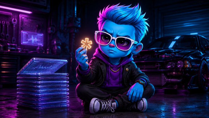 A 3D rendered cartoon character with blue skin, purple hair, and sunglasses sitting cross-legged in a neon-lit garage, holding a glowing asterisk symbol next to transparent storage cases.