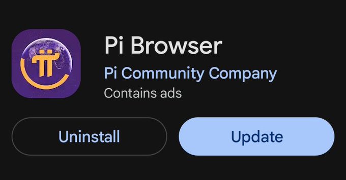 An app store listing page for "Pi Browser" by Pi Community Company, displaying an "Update" button alongside an "Uninstall" option, with a notice that it "Contains ads." The image relates to the post by showing the available update prompt for Pi Browser, supporting the announcement of the new version rollout for Android users.