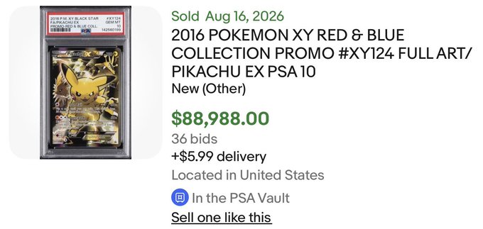 An eBay listing showing a sold 2016 Pokémon XY Red & Blue Collection Promo Pikachu EX card, graded PSA 10, that sold for $88,988.00 on Aug 16, 2026.