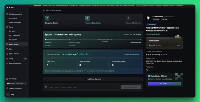 A screenshot of the Kaito Studio dashboard showing an 'Axis Robotics' campaign with '0 - Amount Creator Program: The Katalyst for Physical AI' and a purple 'Get Alerts' button.