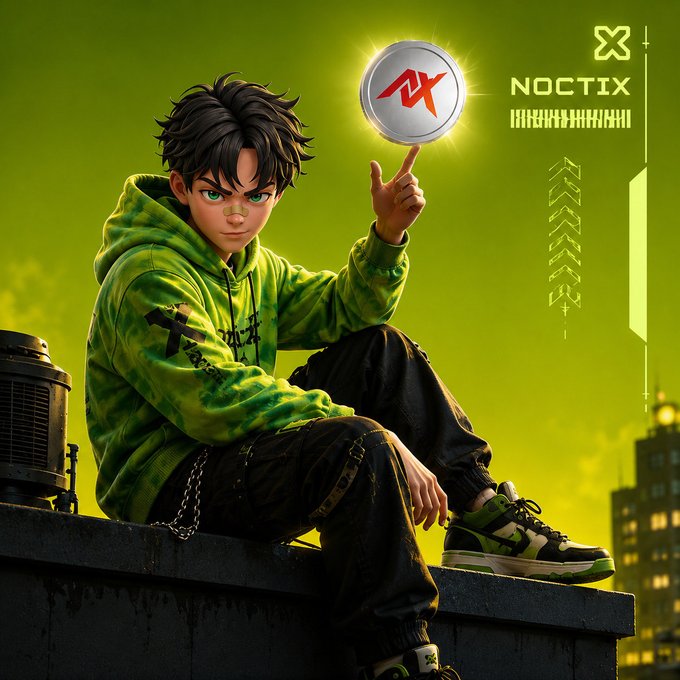 A stylized digital illustration of a boy in a green camouflage hoodie and black pants sitting on a ledge, spinning a glowing coin with the logo 'NOCTIX' next to it.