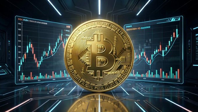 A golden Bitcoin coin displayed prominently in front of digital screens with stock/crypto trading charts and candle graphs.