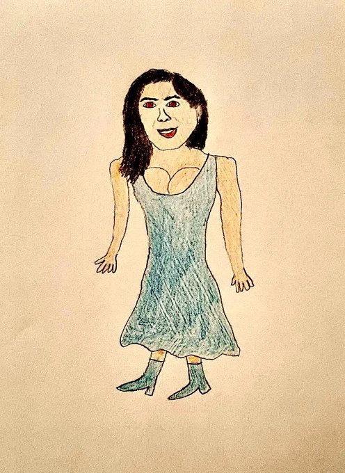 A simplistic, hand-drawn sketch of a smiling woman with dark hair, wearing a blue dress and blue boots, on a plain beige background.