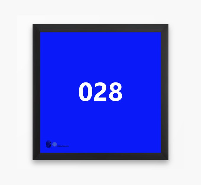 A black-framed picture with a solid blue background displays the number "028" in large white text, with small social media handles and a QR code in the bottom-left corner.