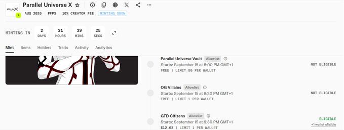A webpage screenshot of 'Parallel Universe X' NFT minting page showing items including Parallel Universe Vault, OG Villains, and GTD Citizens, with GTD Citizens marked as 'ELIGIBLE'.