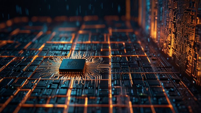 A digital rendering depicts a glowing microchip in the center of a dark circuit board with intricate pathways lit up in orange and blue tones.