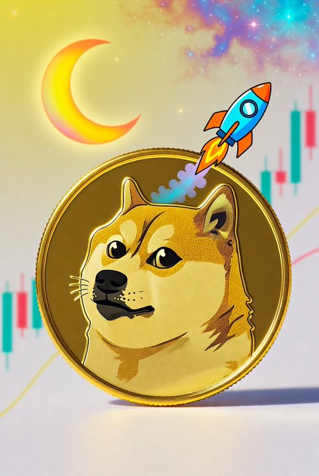 A golden Dogecoin (DOGE) coin featuring the iconic Shiba Inu dog is depicted launching skyward with a rocket, soaring past a crescent moon toward a starry galaxy, with a stock chart pattern in the background—symbolizing the cryptocurrency's astronomical price growth and "to the moon" meme culture.